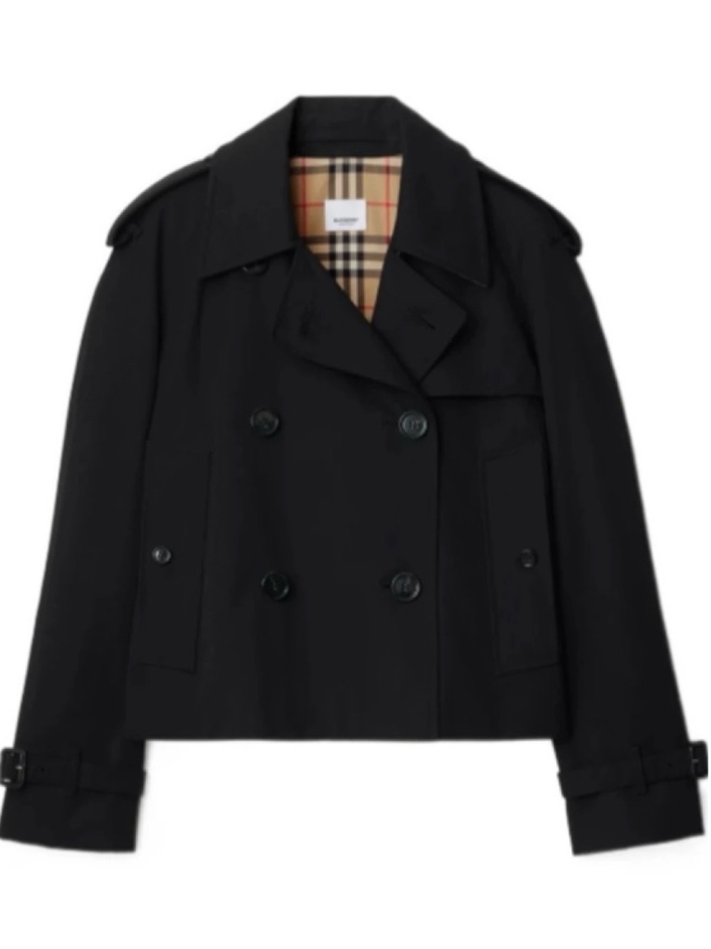 Burberry Black Cropped Double-Breasted Trench Coat with Signature Check Lining
